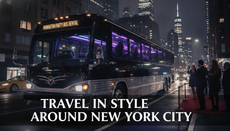Luxury party bus on a New York City street at night