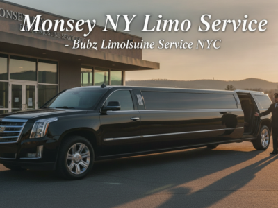 Black stretch limousine with chauffeur outside Monsey NY limo service