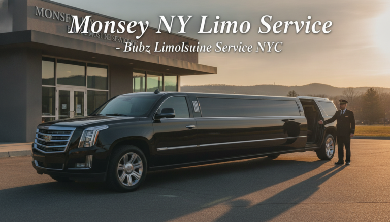 Black stretch limousine with chauffeur outside Monsey NY limo service