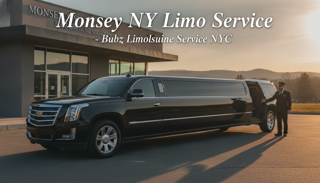 Black stretch limousine with chauffeur outside Monsey NY limo service