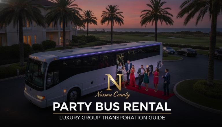 Luxury party bus rental group at oceanfront estate sunset