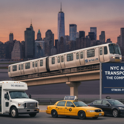 NYC airport transportation options with AirTrain, shuttle, taxi, and skyline