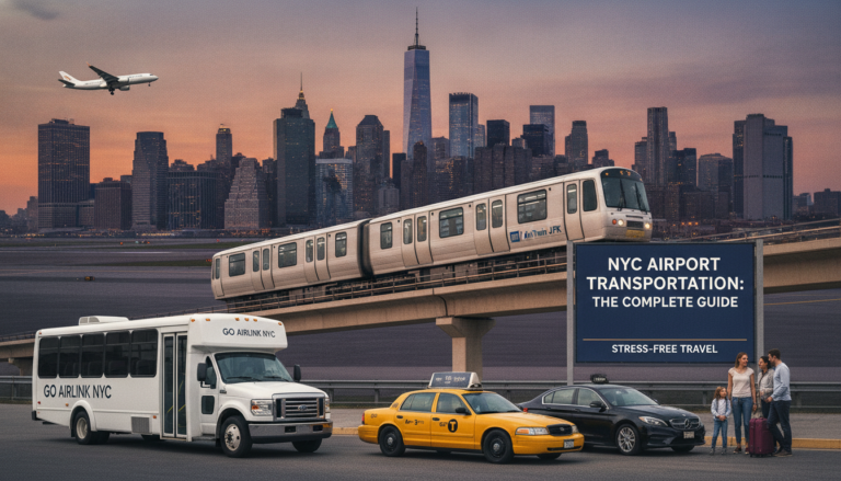 NYC airport transportation options with AirTrain, shuttle, taxi, and skyline