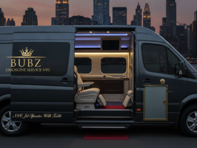 Luxury BUBZ limousine van with open cabin, New York skyline