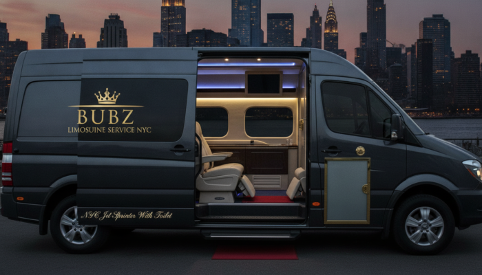 Luxury BUBZ limousine van with open cabin, New York skyline