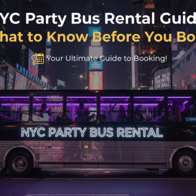 NYC party bus rental guide over nighttime Times Square bus