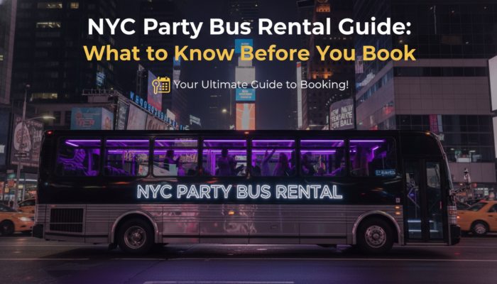 NYC party bus rental guide over nighttime Times Square bus