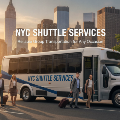 NYC shuttle bus with business travelers near Manhattan skyline