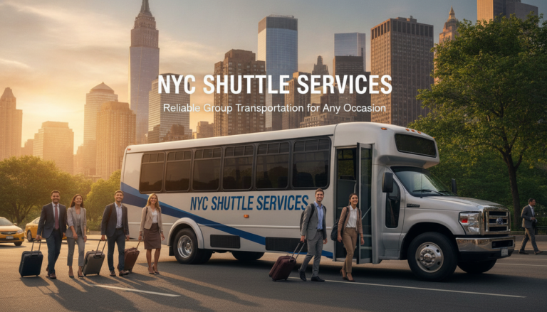 NYC shuttle bus with business travelers near Manhattan skyline