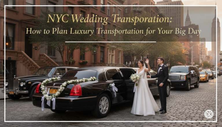Newlyweds beside a decorated limousine on a New York street