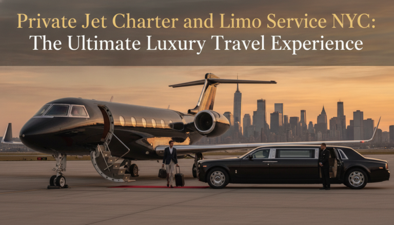 Private jet and limousine at sunset with NYC skyline