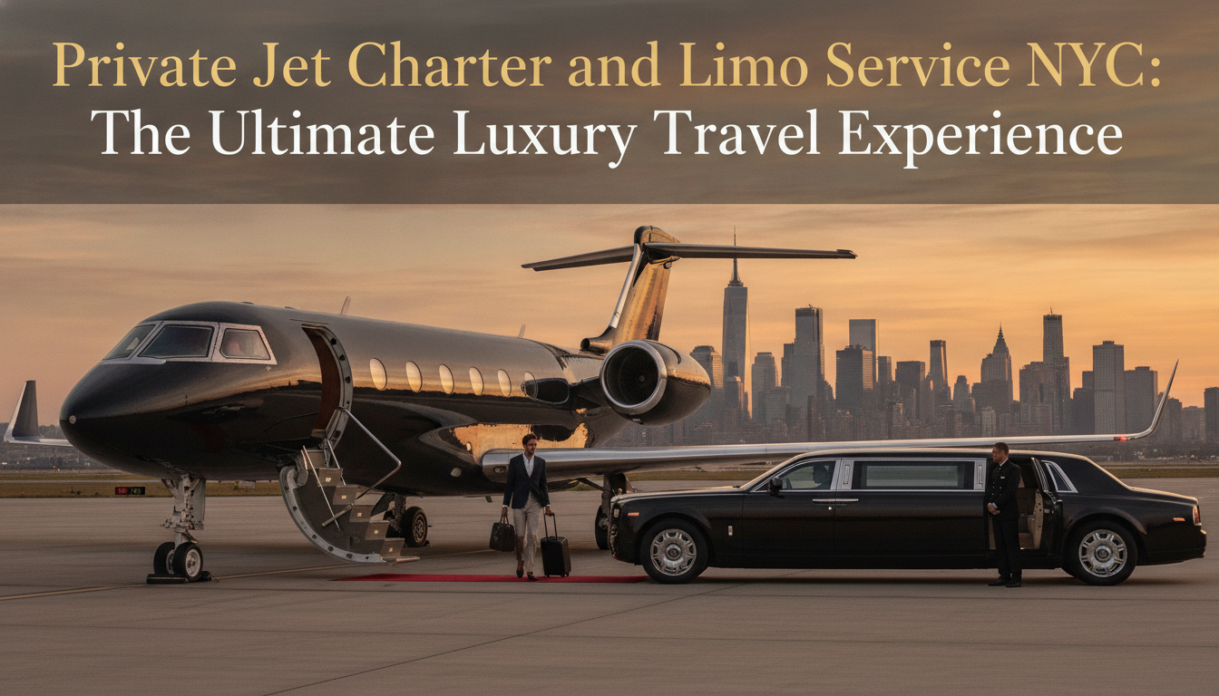 Private jet and limousine at sunset with NYC skyline