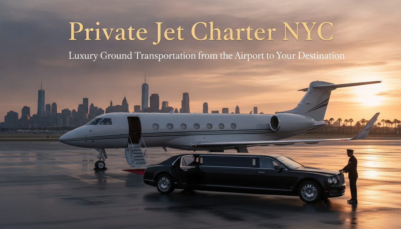 Private jet and limousine at sunset with New York skyline