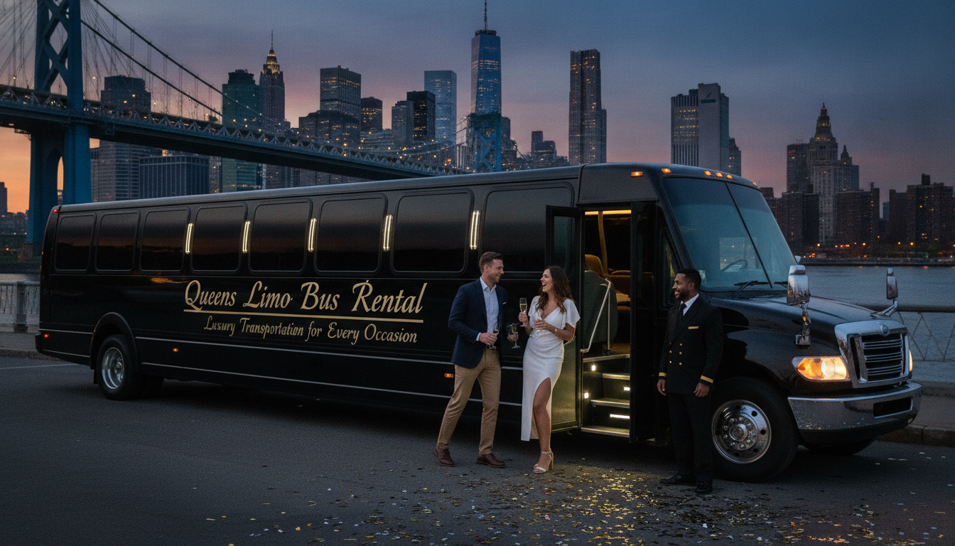 Queens limo bus rental by Manhattan skyline at dusk