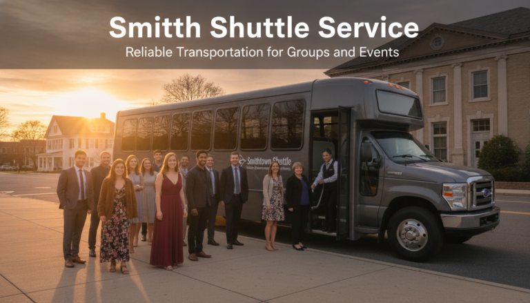 Group posing beside Smith Shuttle Service bus at sunset
