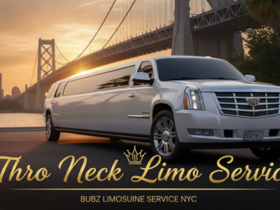 White stretch limousine near Bay Bridge at sunset