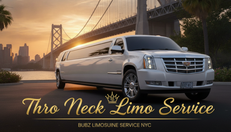 White stretch limousine near Bay Bridge at sunset