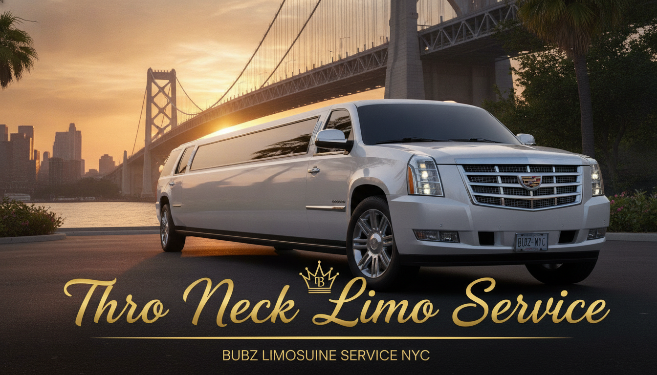 White stretch limousine near Bay Bridge at sunset