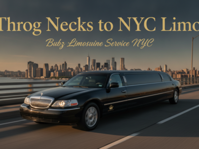 Black limousine driving toward Manhattan skyline, NYC limo service ad.