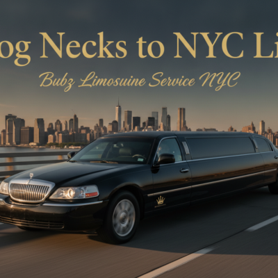 Black limousine driving toward Manhattan skyline, NYC limo service ad.