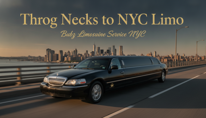Black limousine driving toward Manhattan skyline, NYC limo service ad.