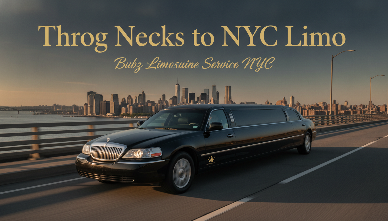 Black limousine driving toward Manhattan skyline, NYC limo service ad.