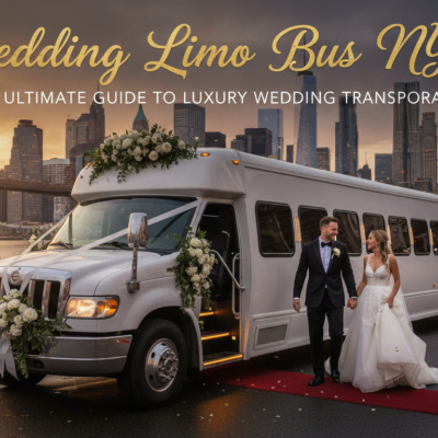 Newlyweds beside decorated limousine bus near Brooklyn Bridge at sunset