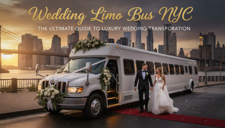 Newlyweds beside decorated limousine bus near Brooklyn Bridge at sunset