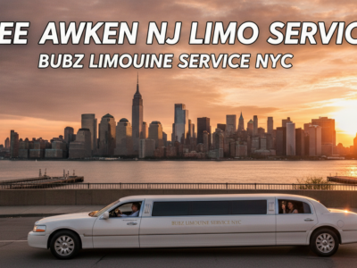 White limousine overlooking Manhattan skyline at sunset