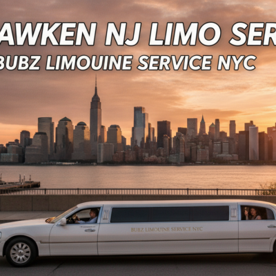 White limousine overlooking Manhattan skyline at sunset