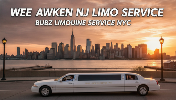 White limousine overlooking Manhattan skyline at sunset