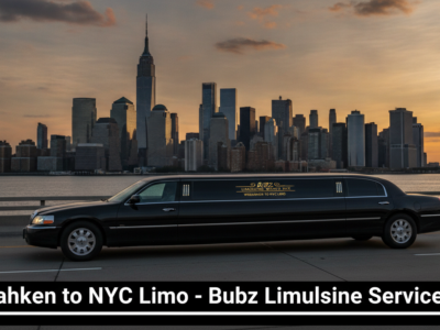 Black limousine overlooking Manhattan skyline at sunset