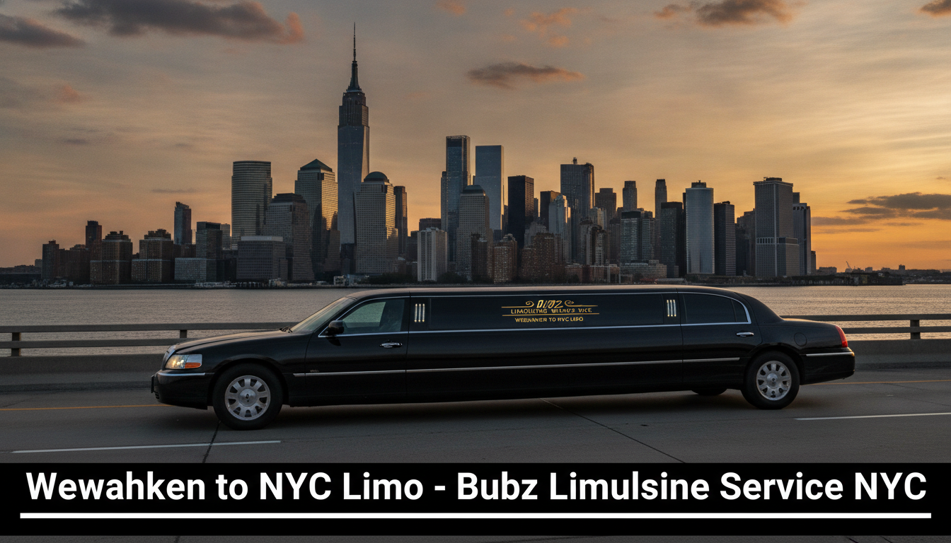 Black limousine overlooking Manhattan skyline at sunset