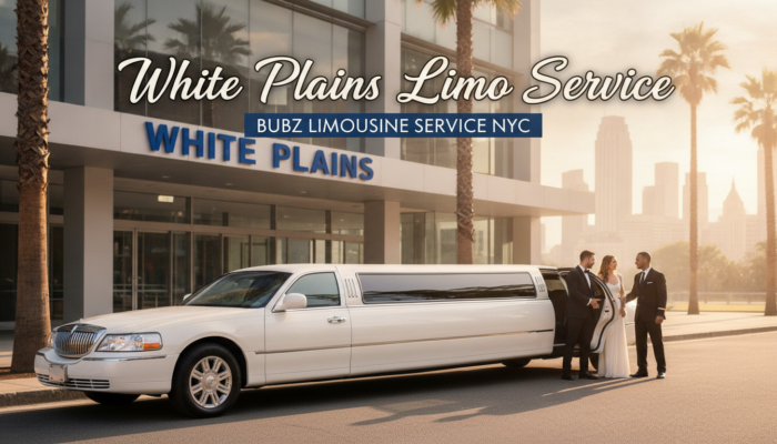 White limousine at White Plains Limo Service with wedding couple