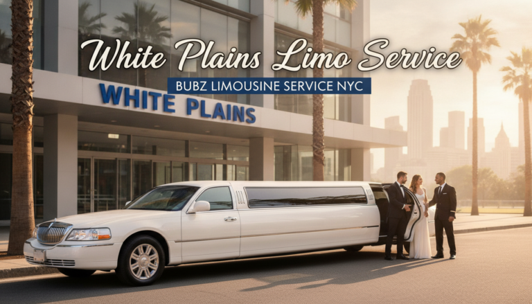 White limousine at White Plains Limo Service with wedding couple
