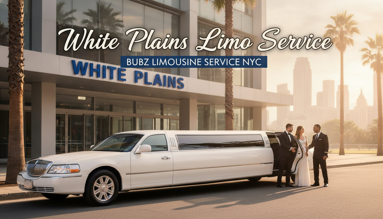 White limousine at White Plains Limo Service with wedding couple