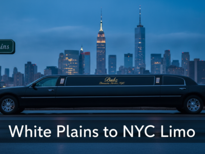 Black limousine with New York City skyline at dusk