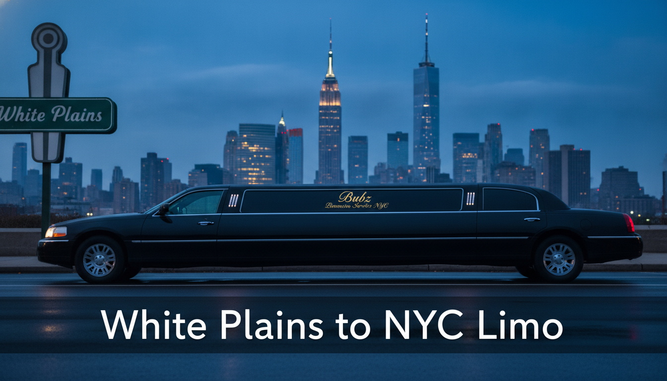 Black limousine with New York City skyline at dusk
