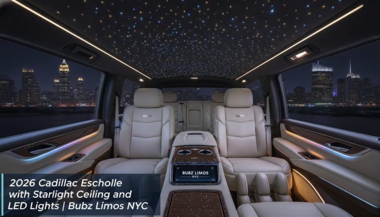 Luxury Cadillac limousine interior with starlight ceiling overlooking Manhattan skyline