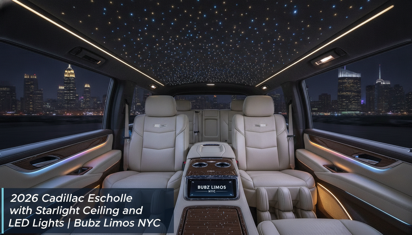 Luxury Cadillac limousine interior with starlight ceiling overlooking Manhattan skyline