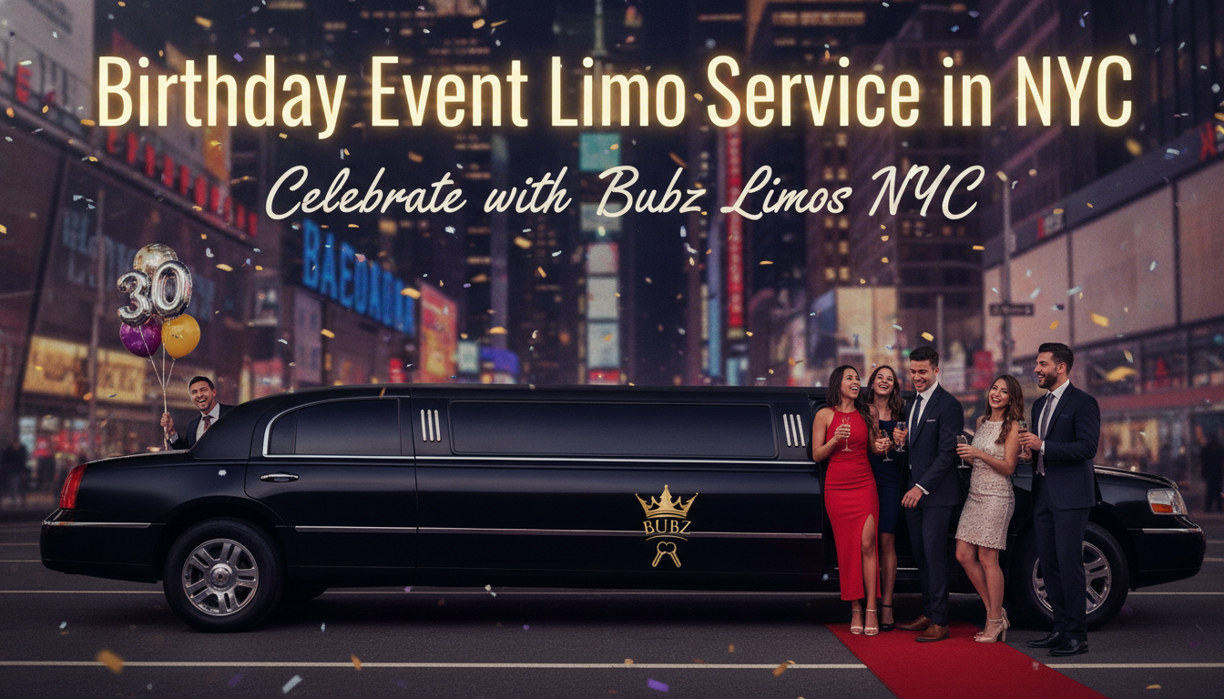 Birthday party group beside limousine in Times Square, NYC