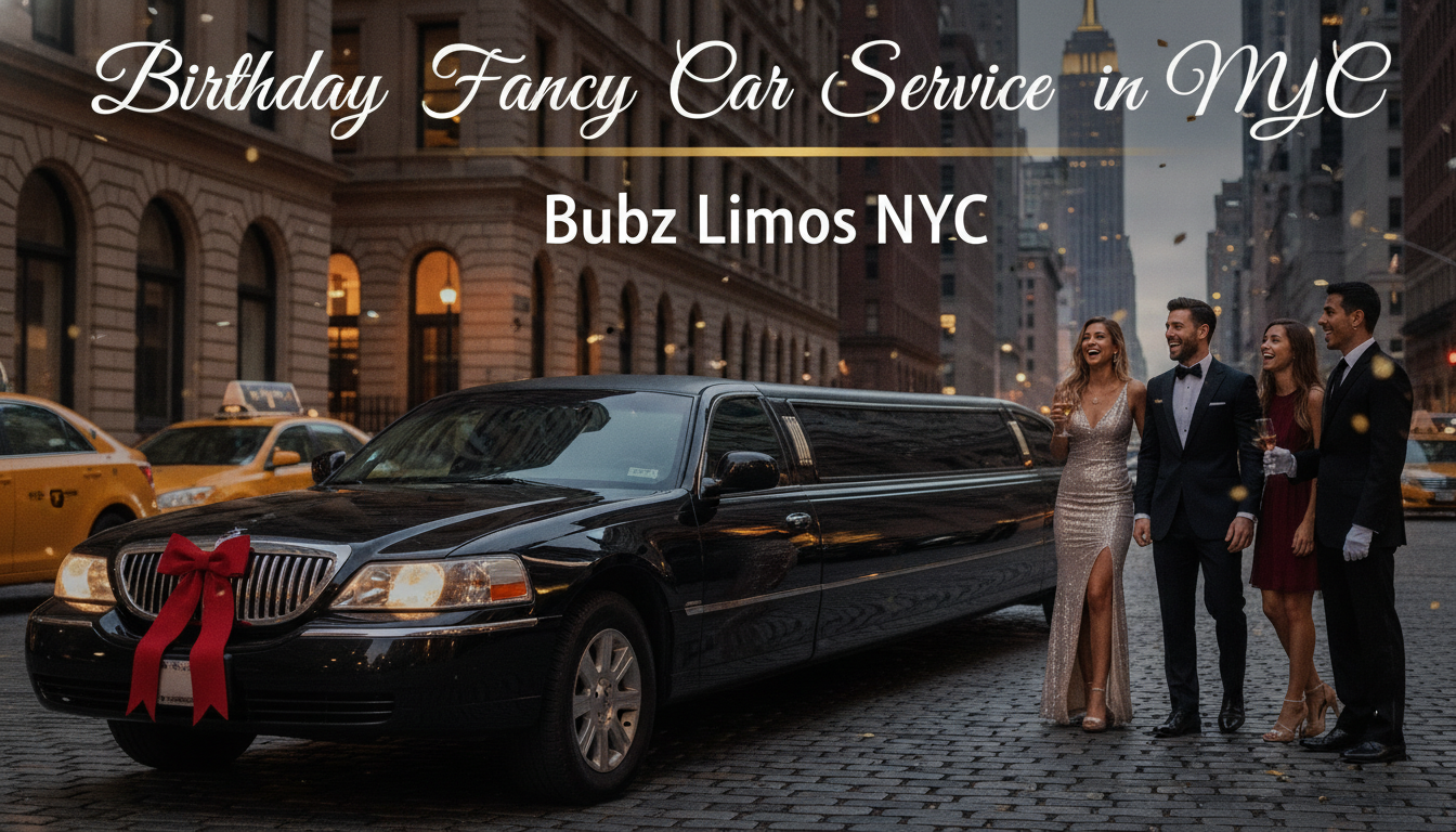 Birthday limousine service with elegantly dressed group in New York City