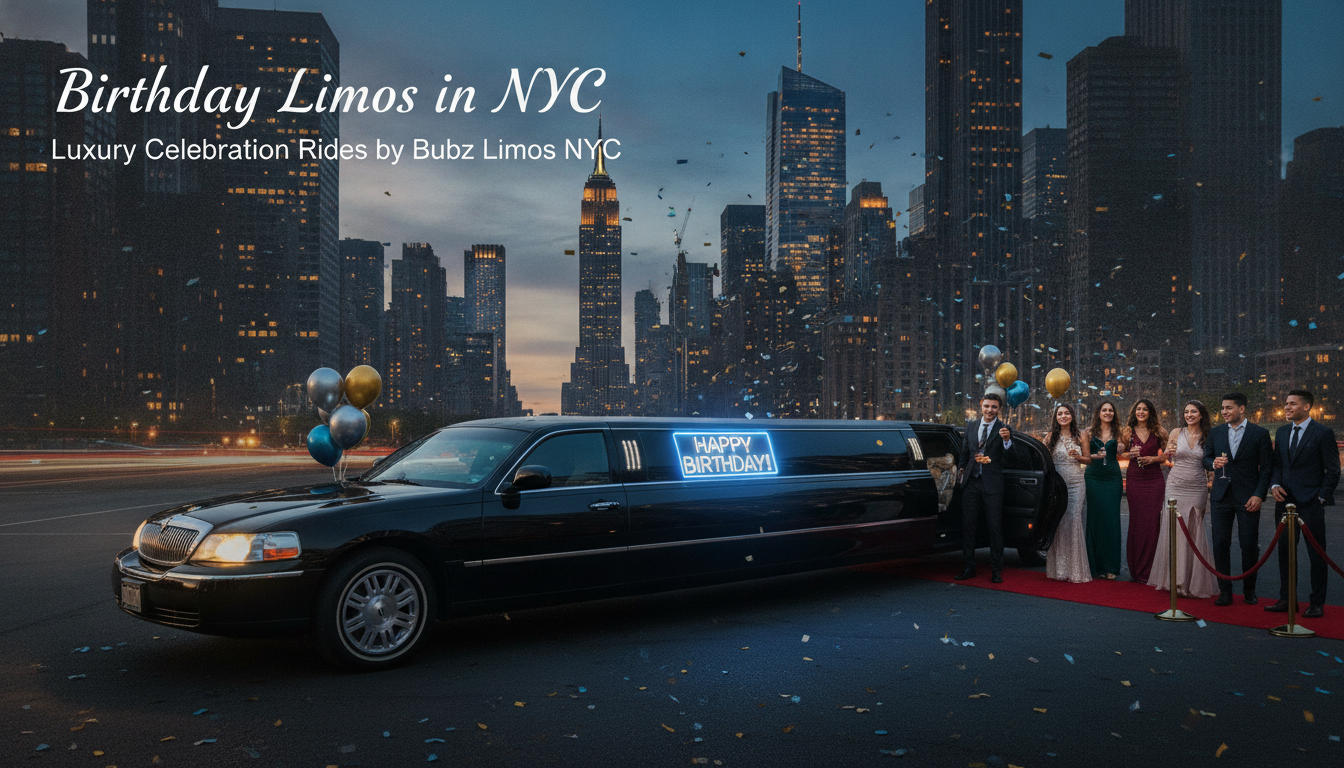 Birthday limousine with guests in New York City skyline