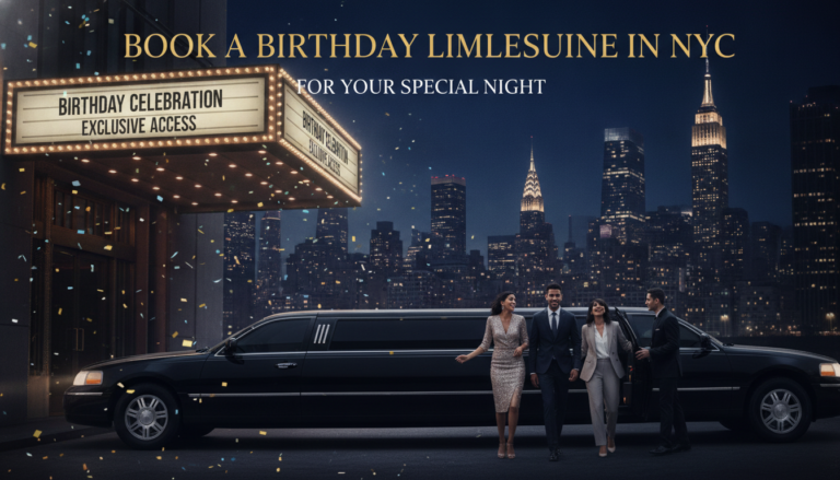Birthday limousine booking ad with Manhattan skyline and celebrants