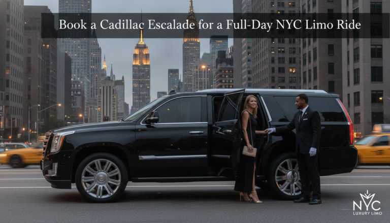 Chauffeur assists woman exiting Cadillac Escalade in Manhattan
