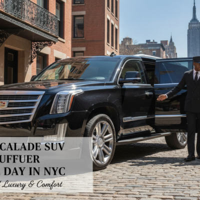 Chauffeur opens Cadillac Escalade door for couple in New York City.
