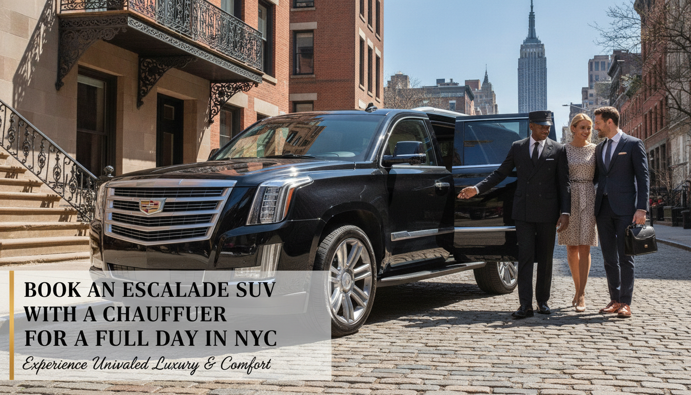 Chauffeur opens Cadillac Escalade door for couple in New York City.