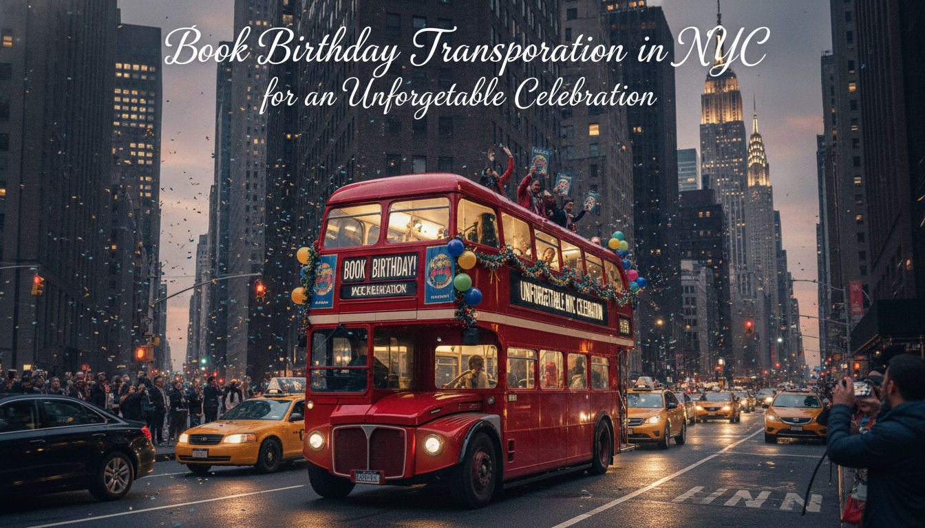 Decorated red double-decker birthday bus drives through Manhattan