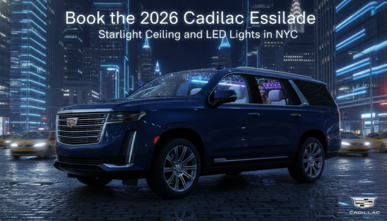 Blue 2026 Cadillac Escalade driving through neon-lit New York City