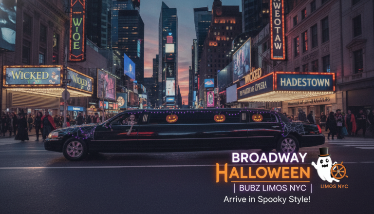 Halloween-decorated limousine outside Broadway theaters in Times Square